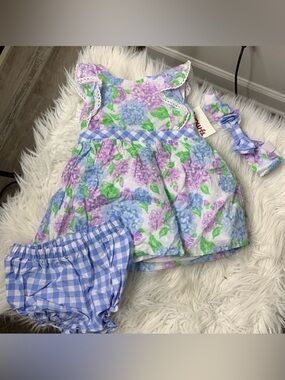 Tommy Bahama Hydrangea Baby Dress with Gingham Bloomers & Headband Set Size 6-9M